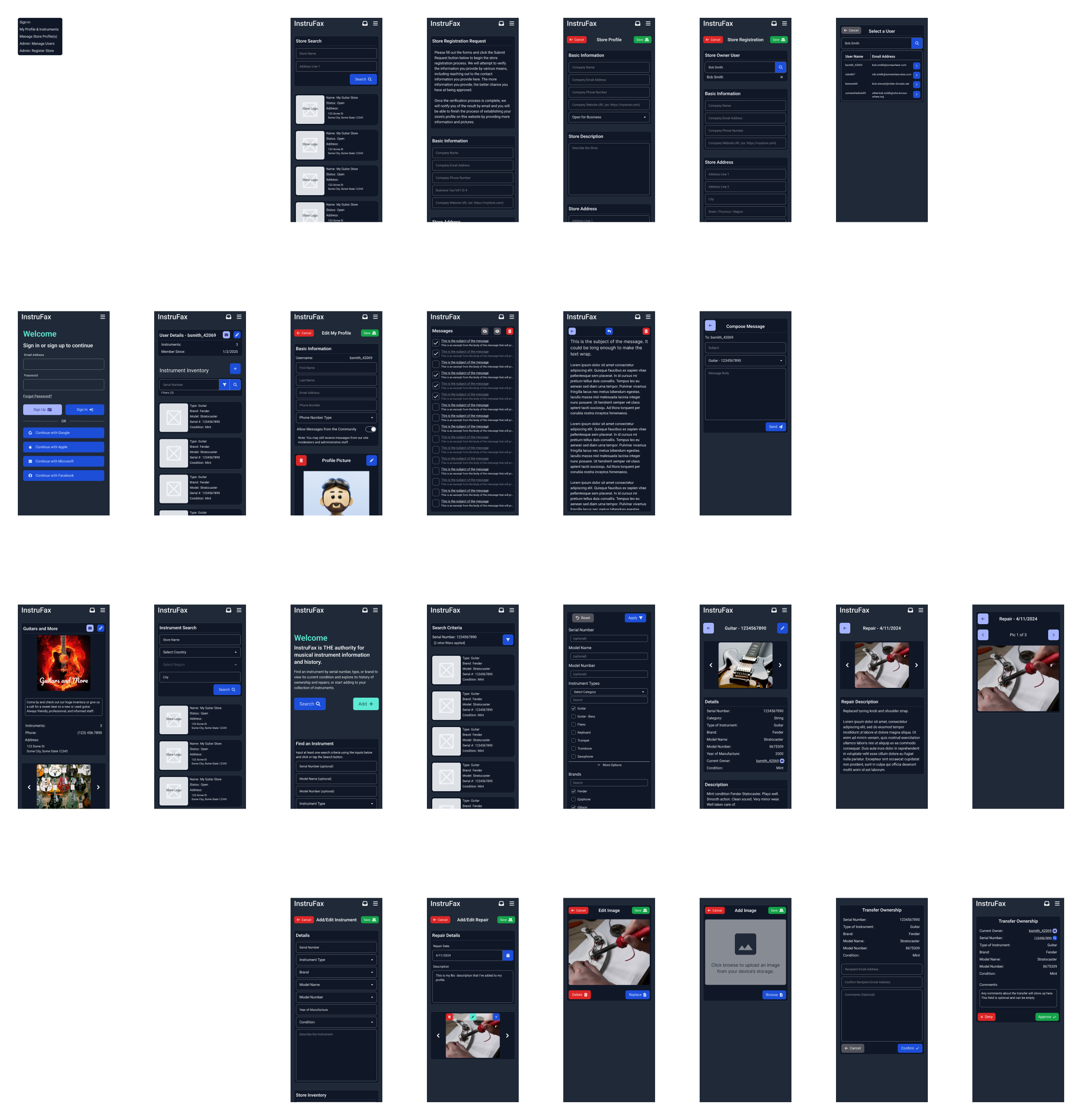 Overview of all InstruFax mobile screen designs