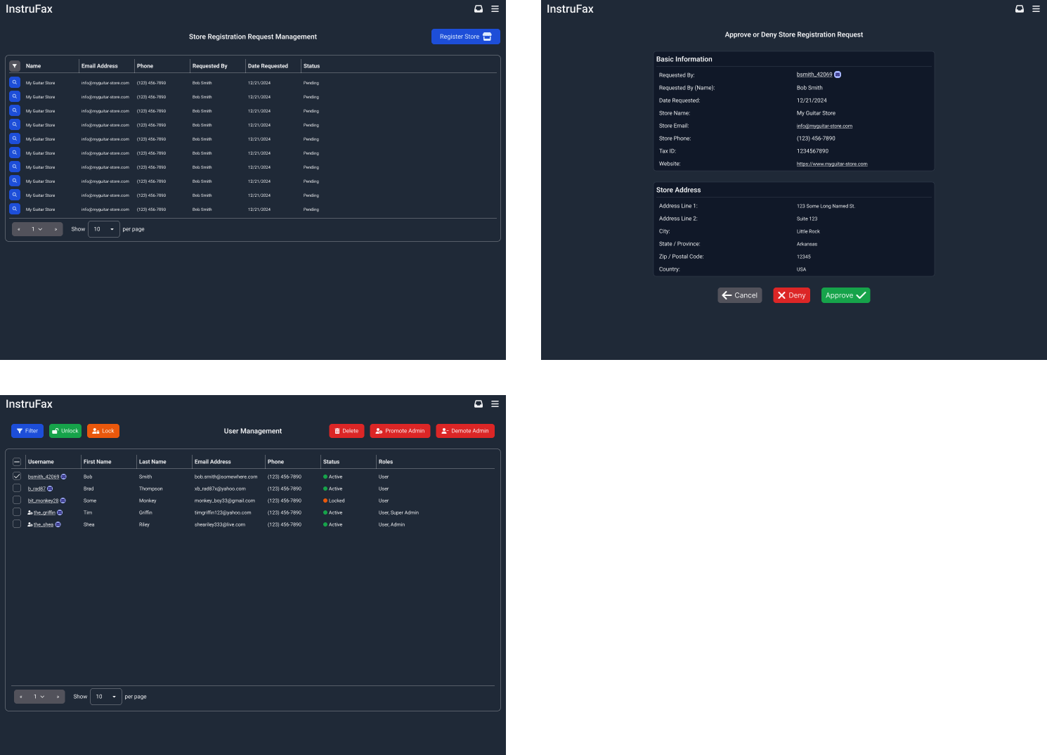 Overview of all InstruFax web admin screen designs