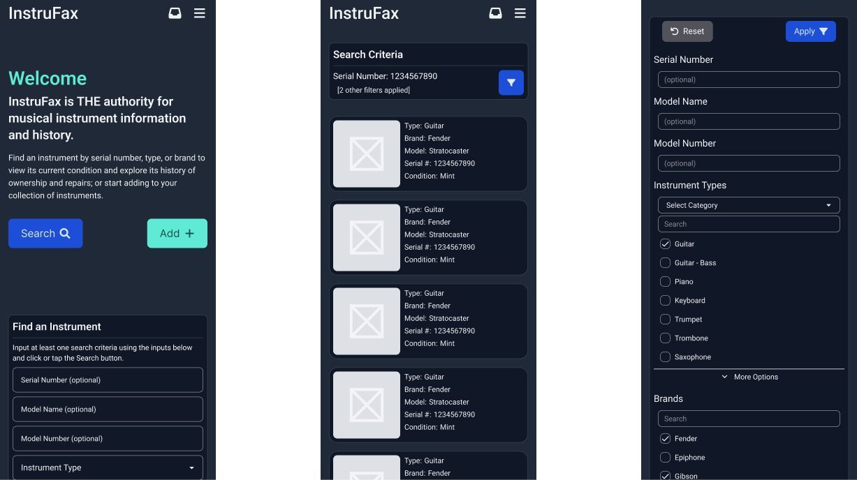 Mobile screens: home page with instrument search, search results listing, and search filter panel