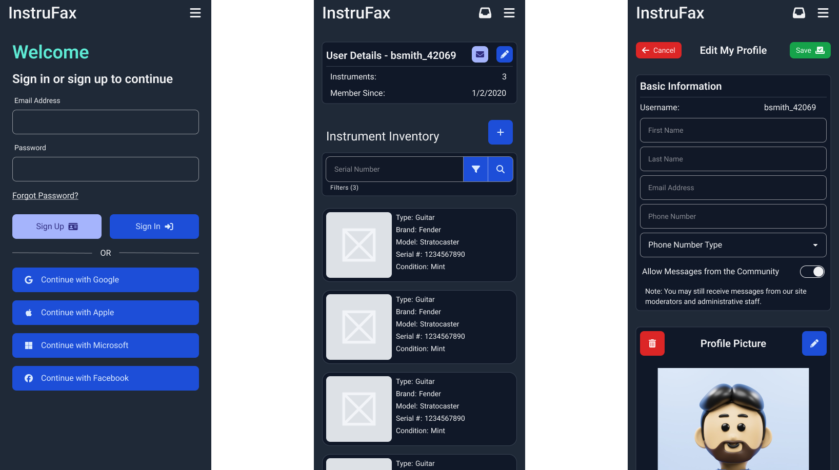 Mobile screens: sign-in page, user profile with instrument inventory, and profile editor