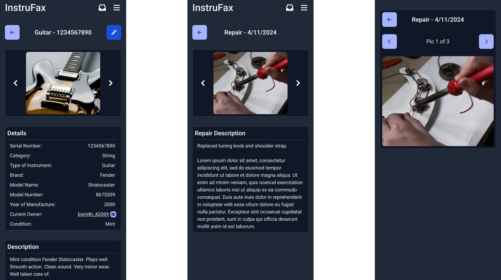 Mobile screens: instrument detail page, repair entry detail, and repair photo gallery
