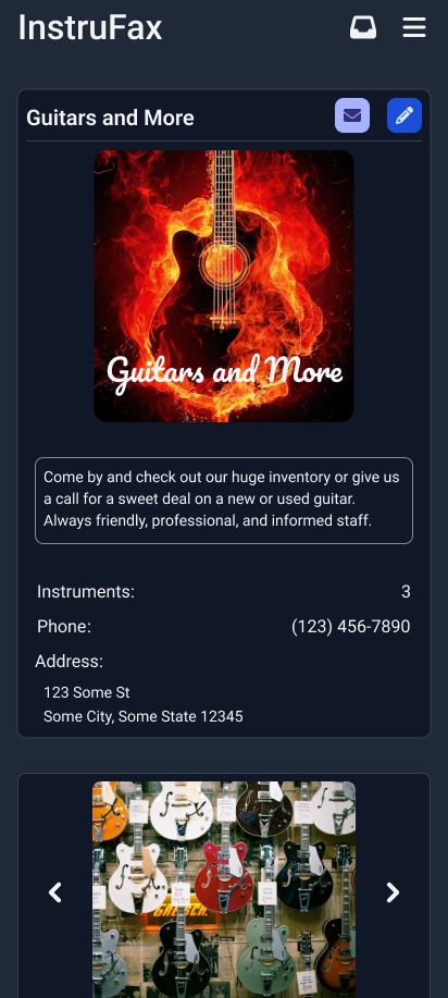 Mobile screen: music store profile page with photos, contact info, and instrument inventory