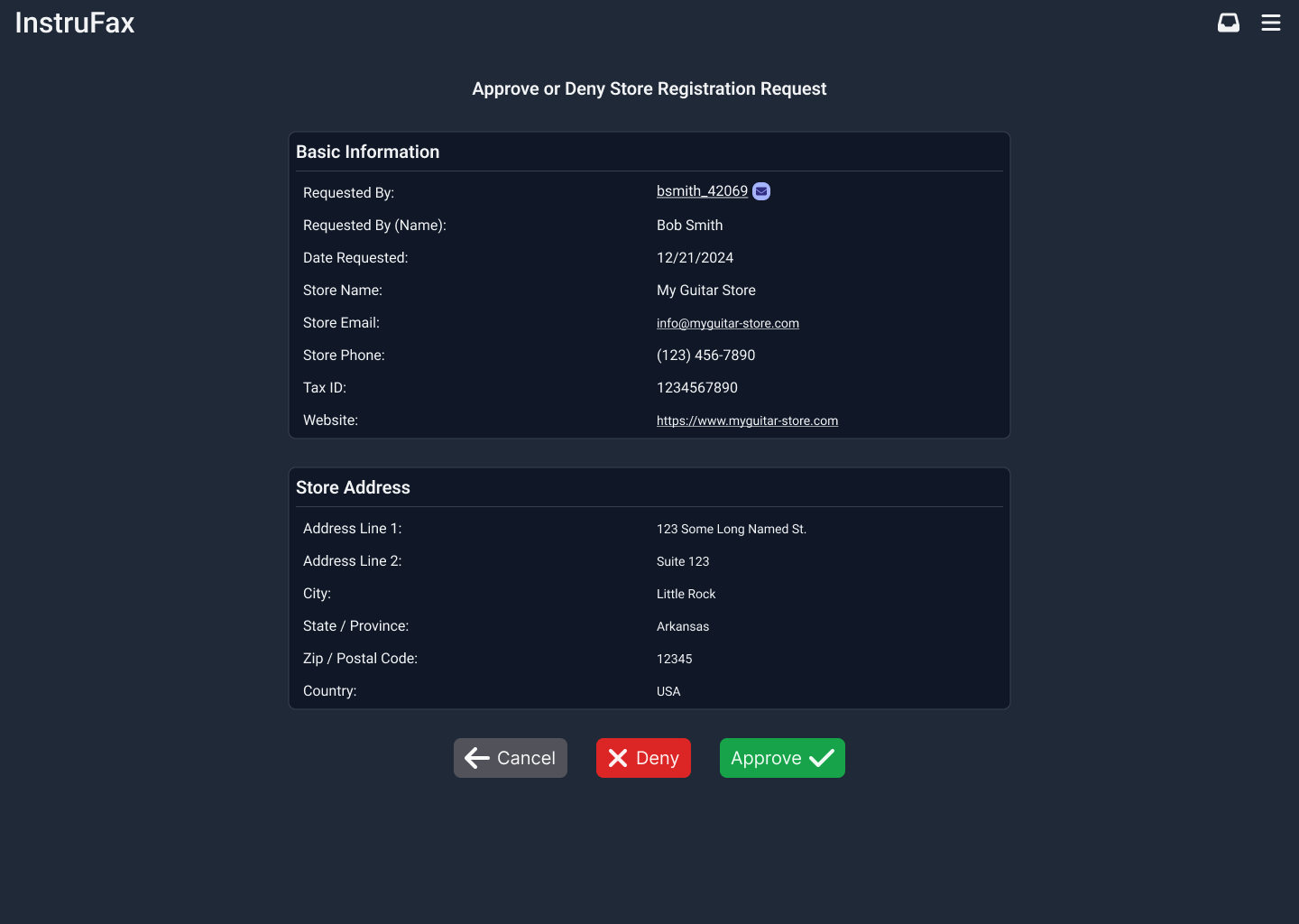 Web admin: store registration approval detail view with approve and deny actions