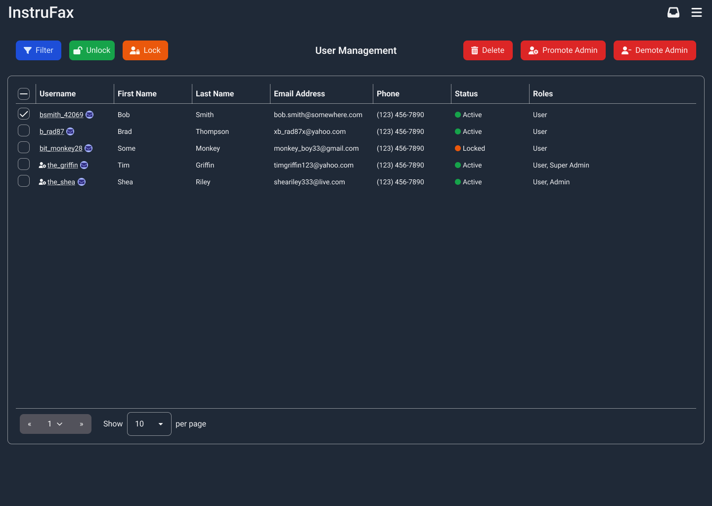 Web admin: user management dashboard with role badges and bulk actions